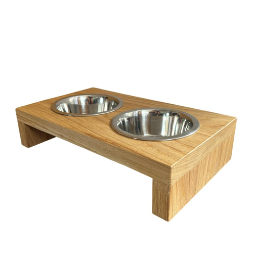 Oak Dog Bowl Stand with Stainless Bowls.