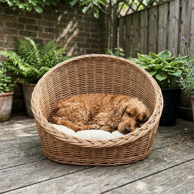 Willow Dog Bed with Beige Cushion.