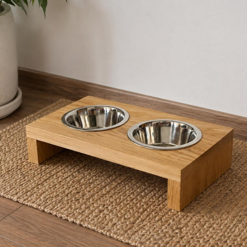 Oak Dog Bowl Stand with Stainless Bowls.