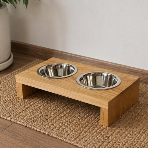 Oak Dog Bowl Stand with Stainless Bowls.