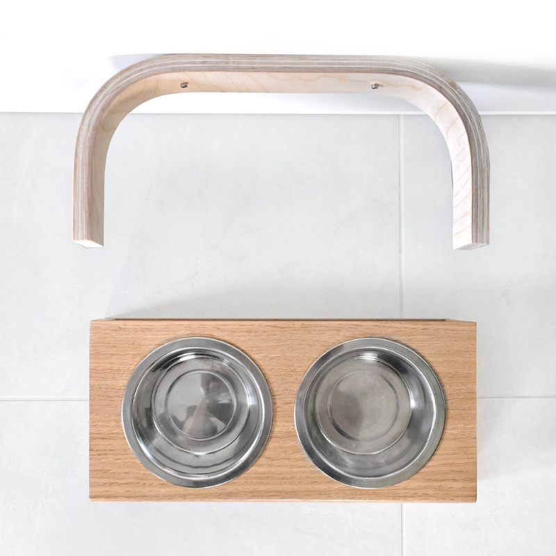 Wall Mounted Wooden Dog Bowl Stand.