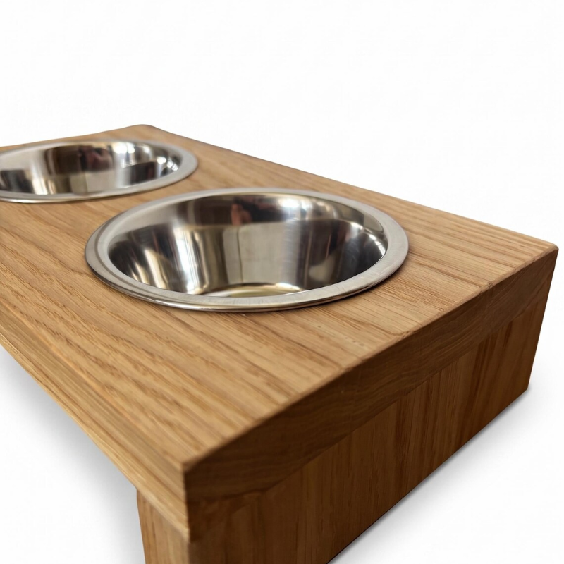 Oak Dog Bowl Stand with Stainless Bowls.