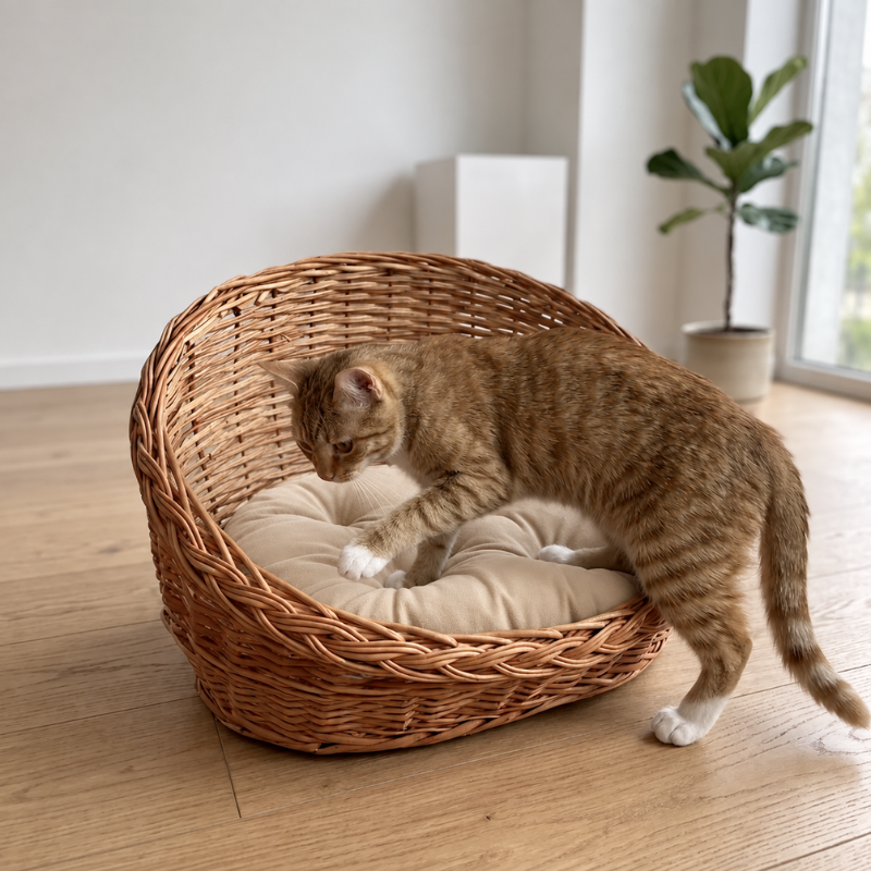 Willow Dog Bed with Beige Cushion.