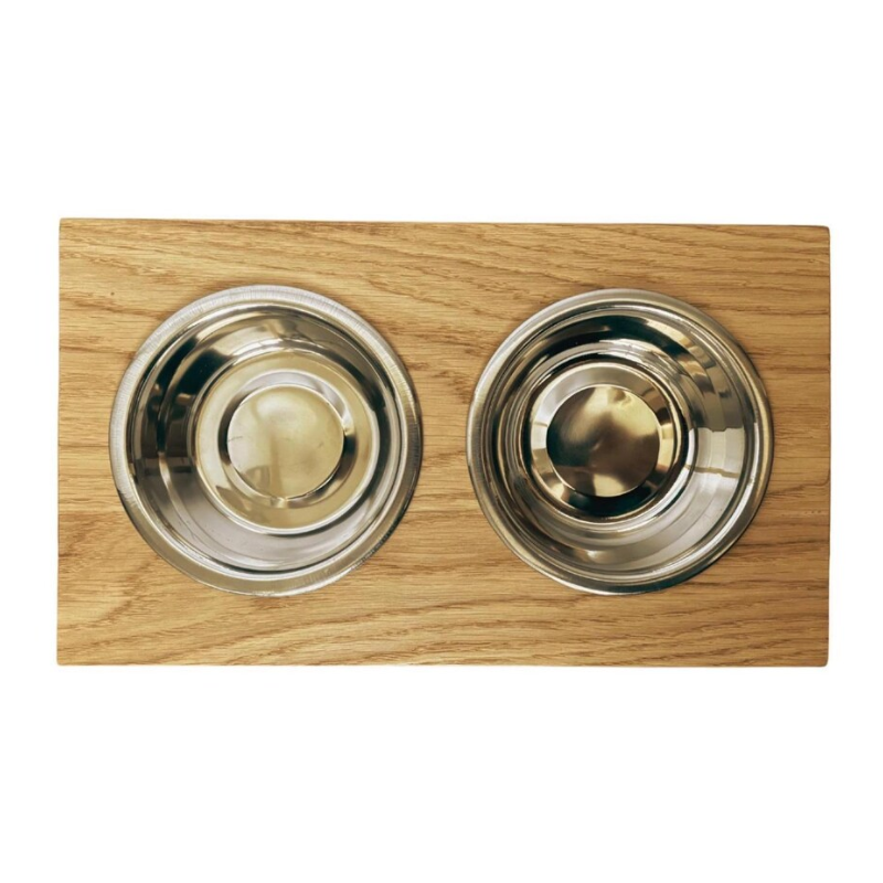 Oak Dog Bowl Stand with Stainless Bowls.