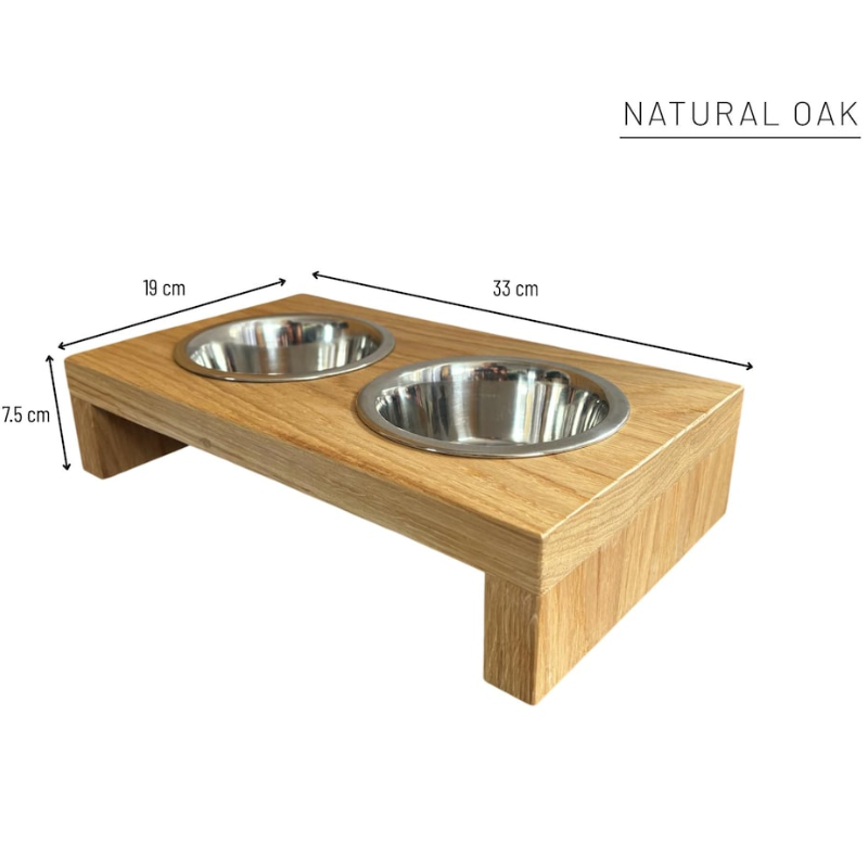 Oak Dog Bowl Stand with Stainless Bowls.