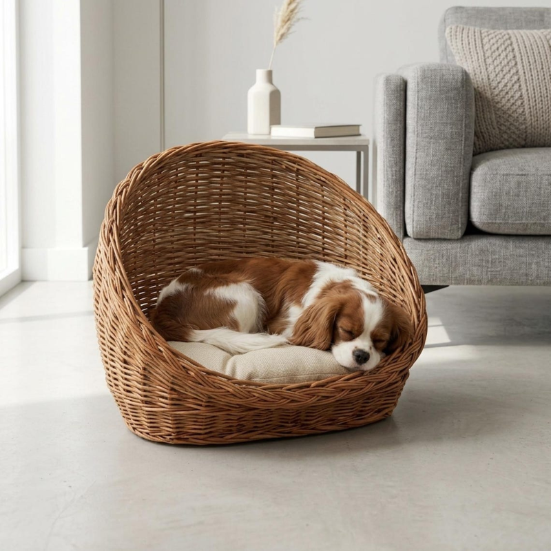 Willow Dog Bed with Beige Cushion.